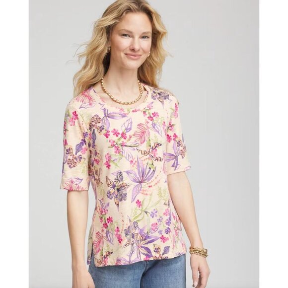 Chicos Womens XL Tropical Floral Elbow Sleeve Tee Crew Neck Shirt - Picture 2 of 14